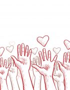 des mains qui se tendent vers le ciel avec des cœurs autour, en signe de solidarité