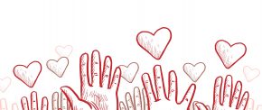 des mains qui se tendent vers le ciel avec des cœurs autour, en signe de solidarité