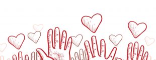 des mains qui se tendent vers le ciel avec des cœurs autour, en signe de solidarité